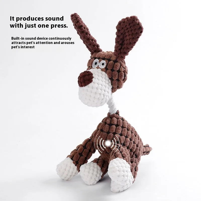 Assortment of soft plush pet toys: donkey, rechargeable duck, blue elephant, dizzy dog, and blink elephant.