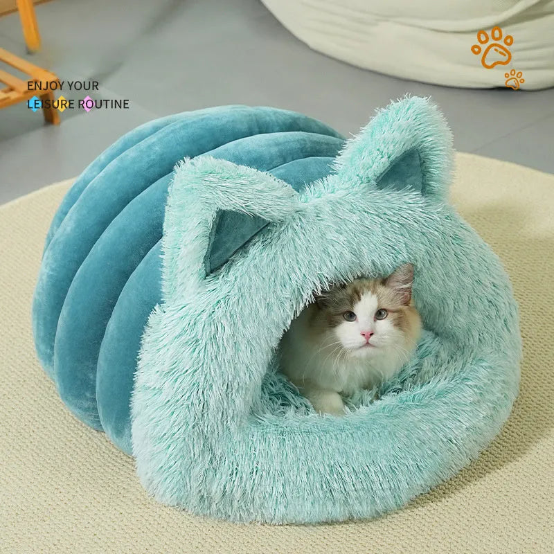 Plush cat and dog bed with raised collar and cat ear decoration in blue, size M
