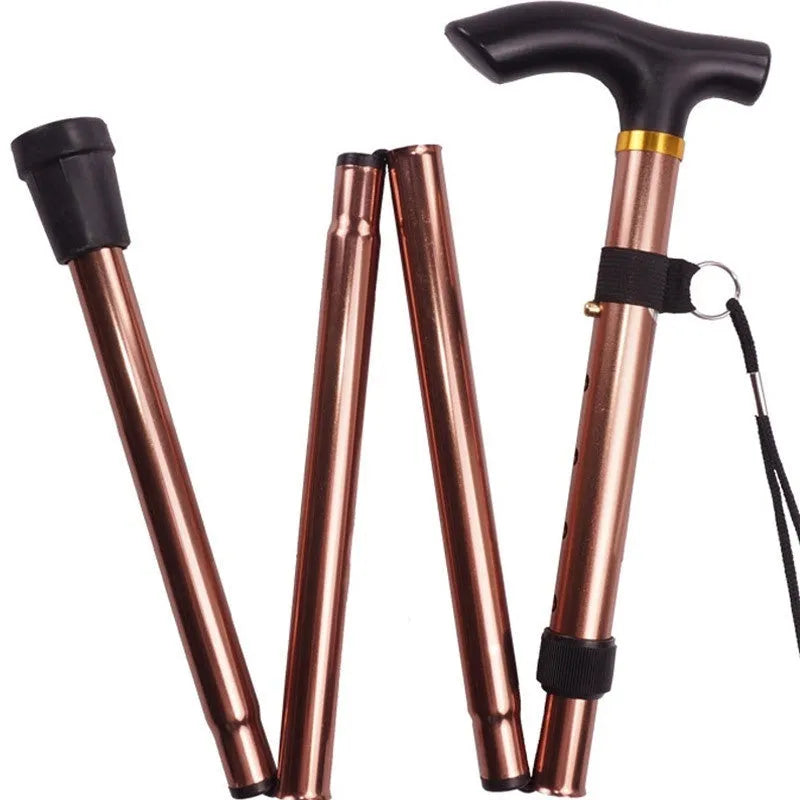 Aluminium alloy folding walking stick adjusted to show length, displayed in a choice of colours.