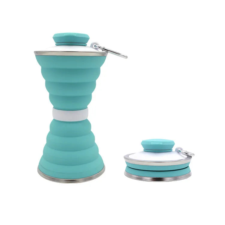 500ml collapsible silicone water bottle in light green, folded and unfolded, with connective rope