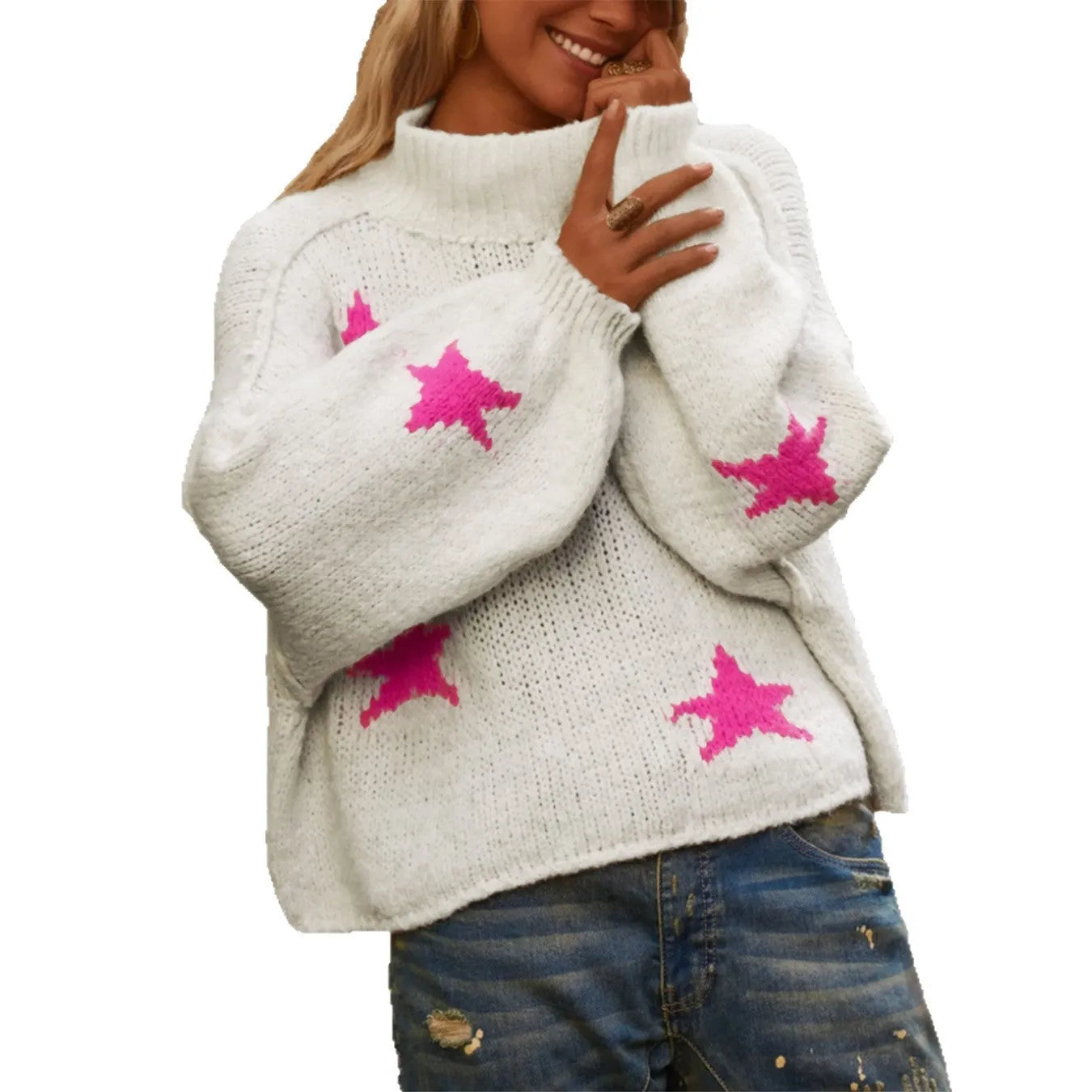 Women's white loose turtleneck pullover sweater with a black five-pointed star pattern on the front.