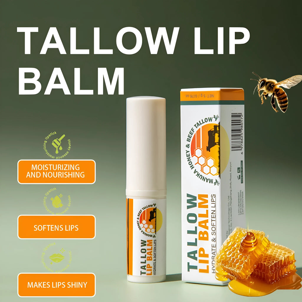 Tallow lip balm in a dark plastic tube with a silver cap, 5g size, on a plain background