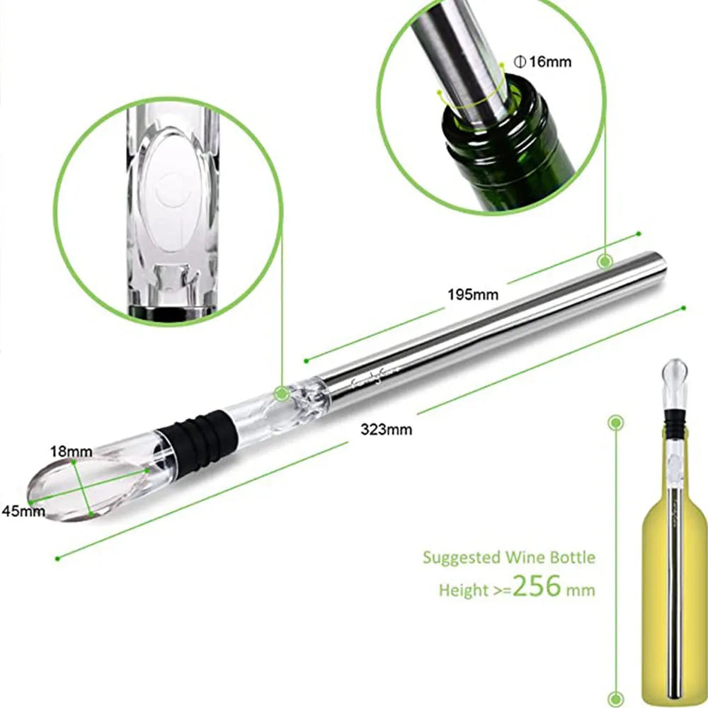 Stainless steel wine cooling rod with aerator and drip-free pourer, 32cm length, black finish