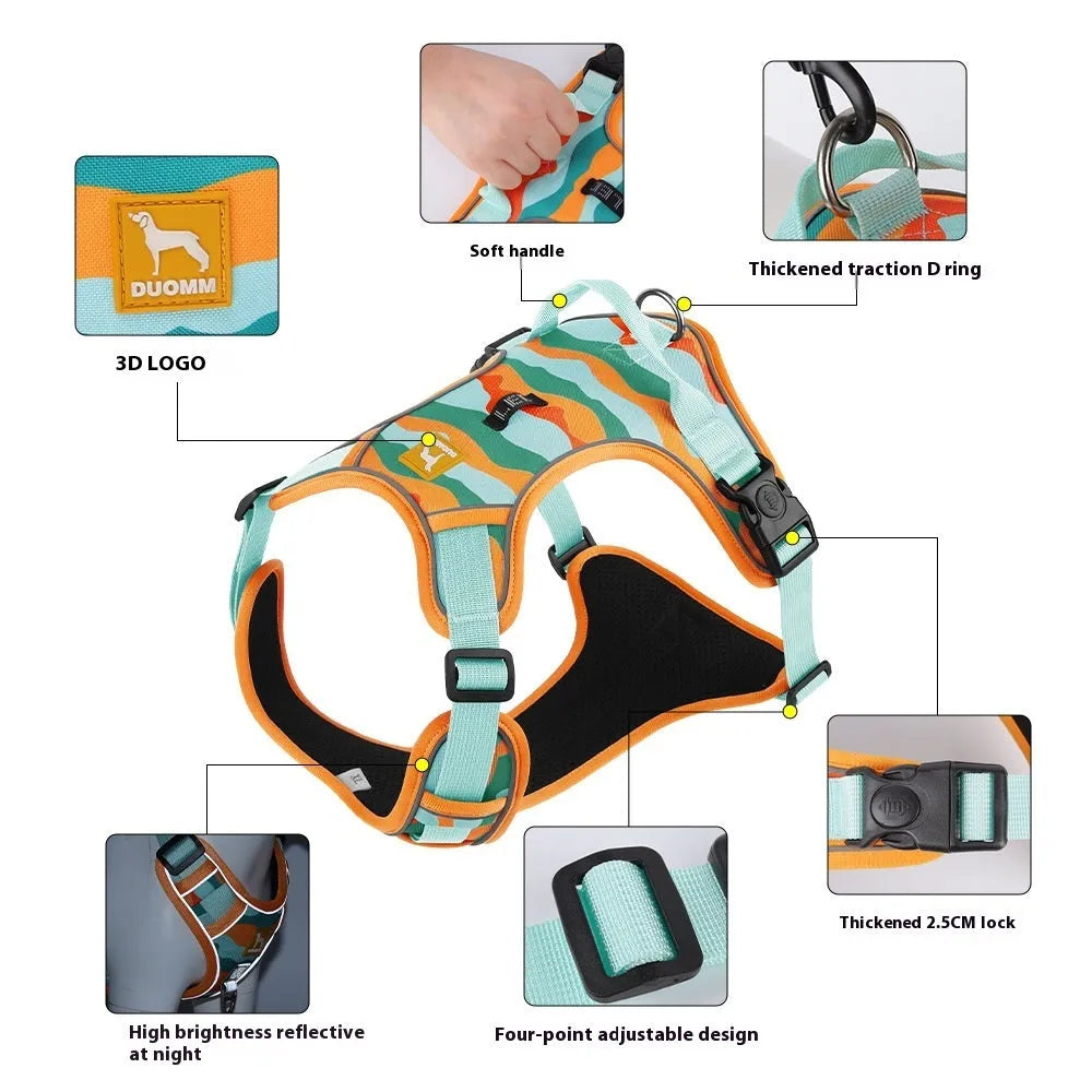 Orange dog chest and back harness with reflective strips and an integrated hand-holding rope.