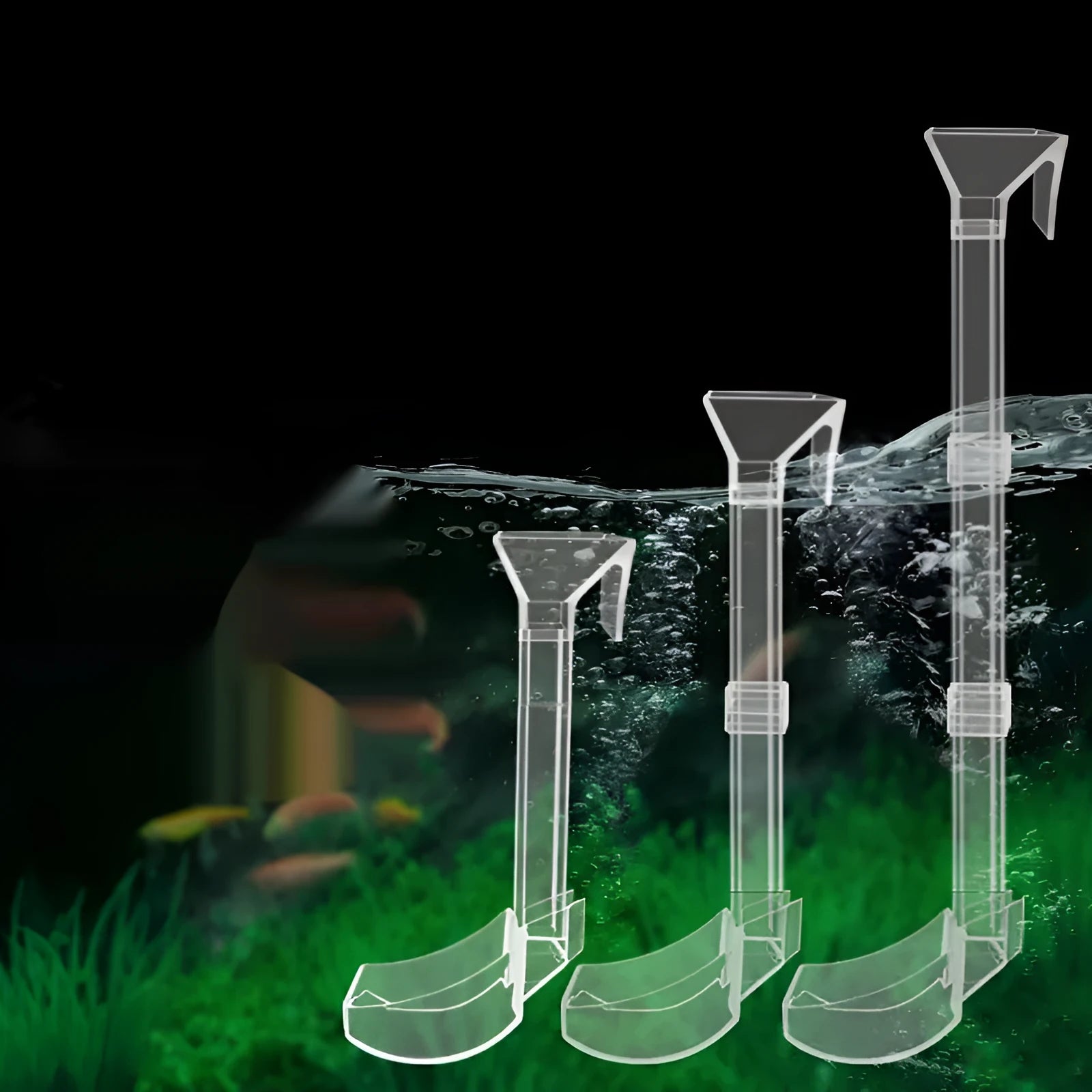 Plastic fish tank feeding tube set with cleaning brush and feed spoon on white background