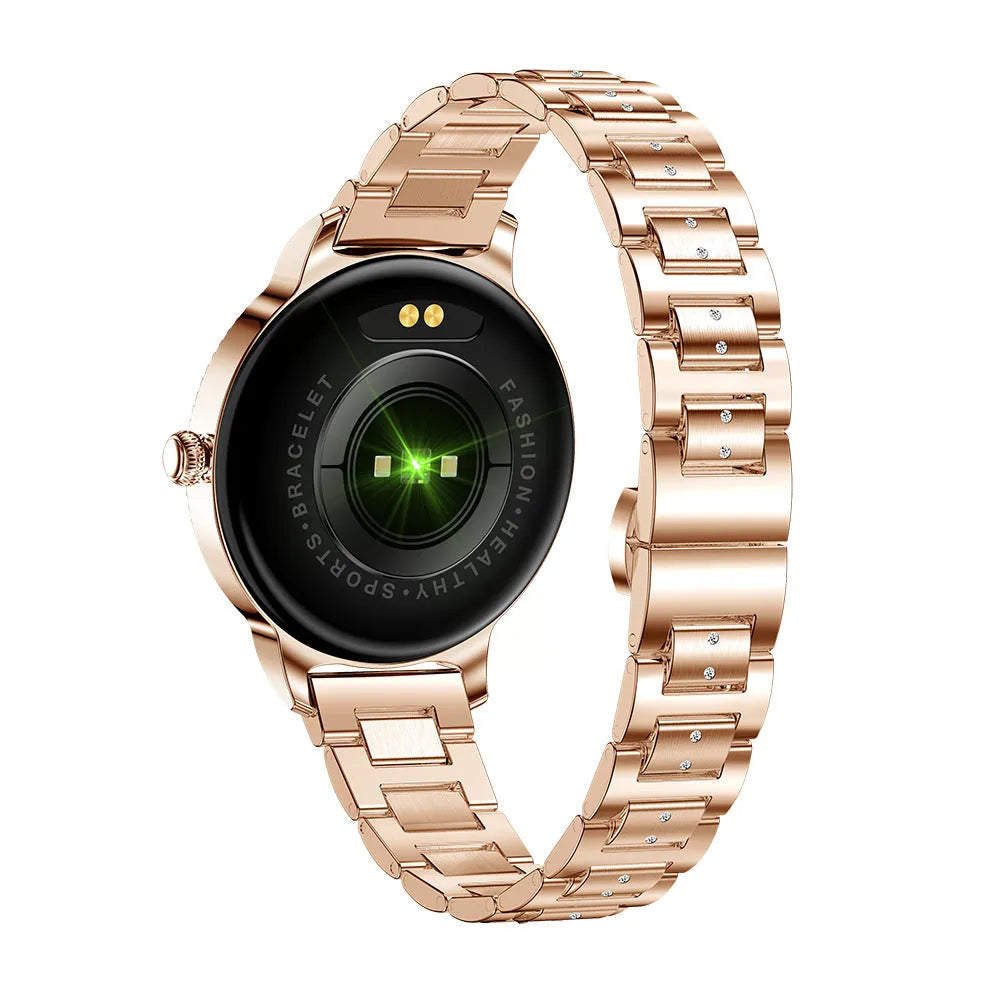 AK38 Ladies Smart Watch with metallic stainless steel band on a wrist, showing its 1.09-inch colour screen.