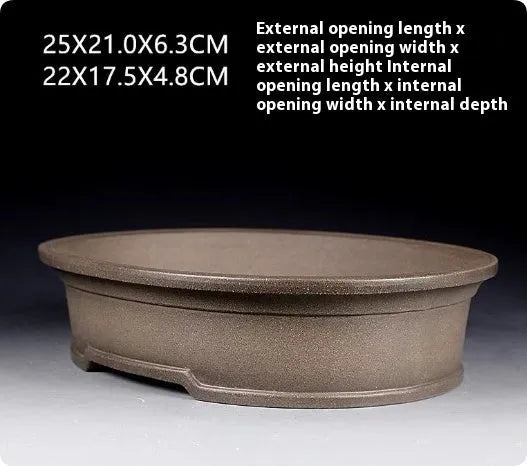 Handmade antique oval purple sand bonsai pot for succulents, measuring 25cm by 21cm.