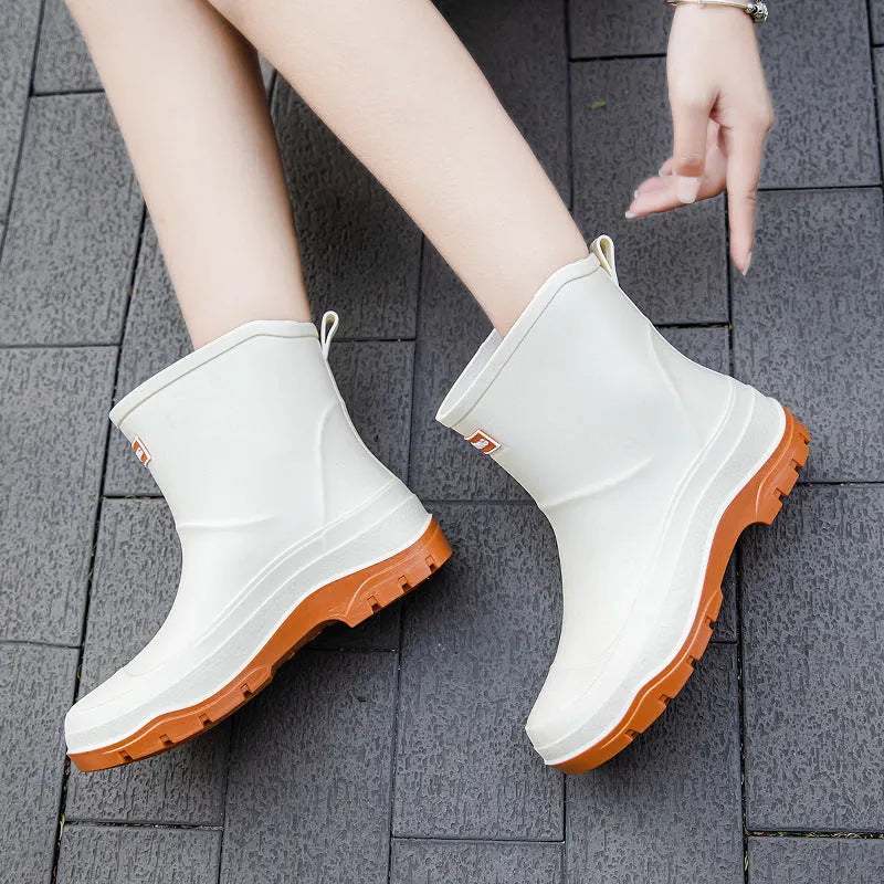 Women's non-slip waterproof rubber shoes, black solid colour, flat heel, low tube design