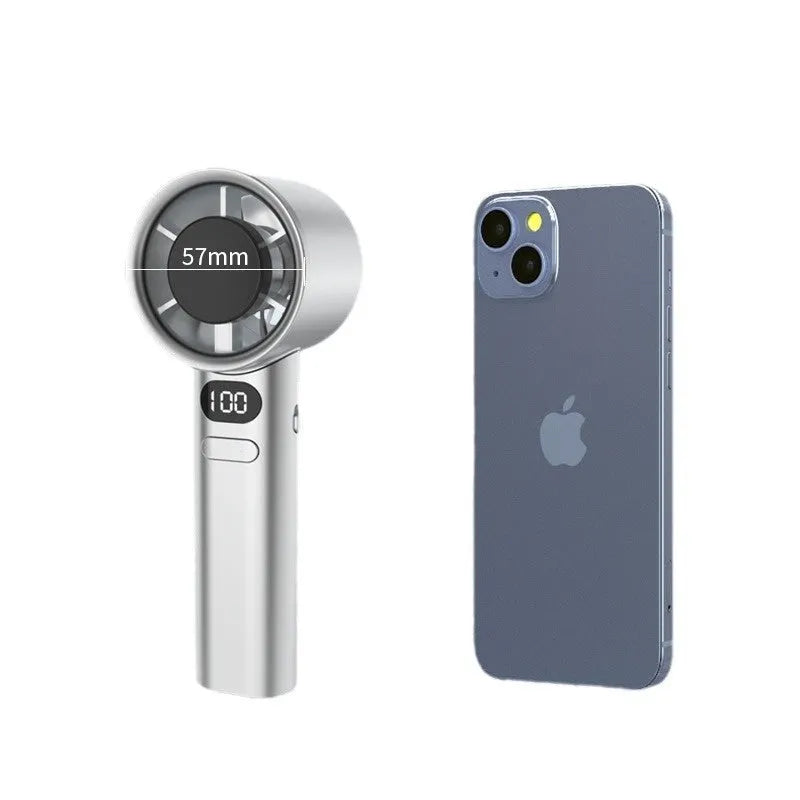 Green handheld USB fan showing variable speed control dial and six plastic blades