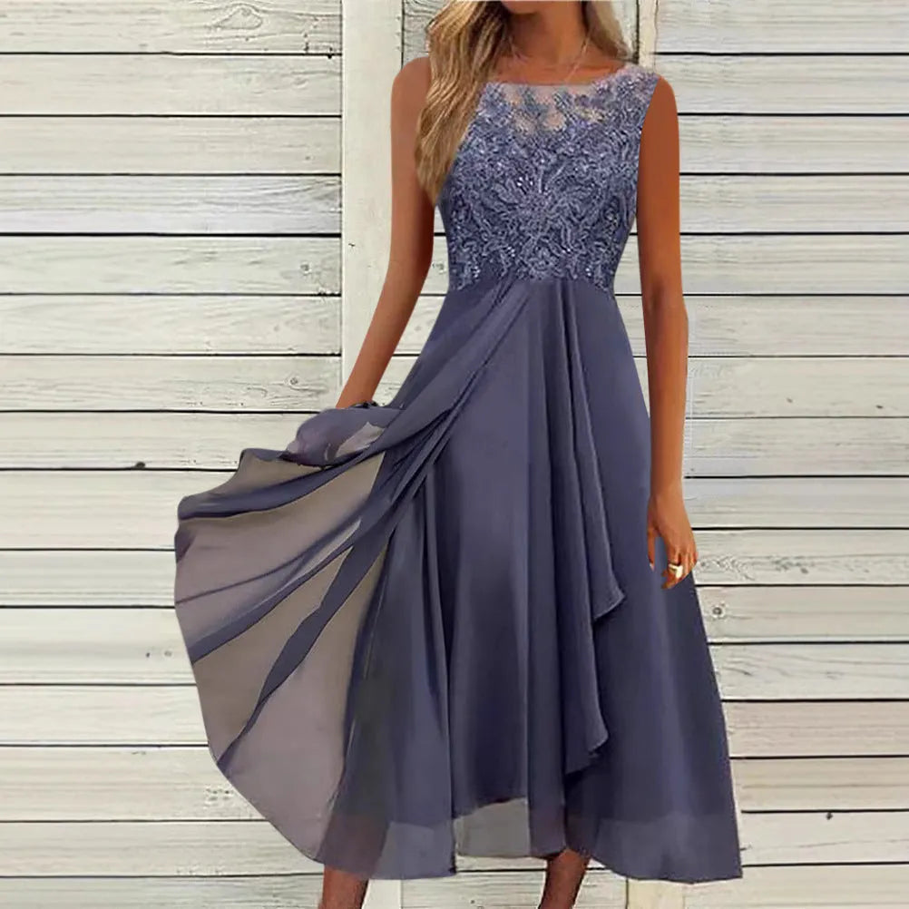 Women's sleeveless green chiffon dress with lace hollow-out detail, mid-length princess style