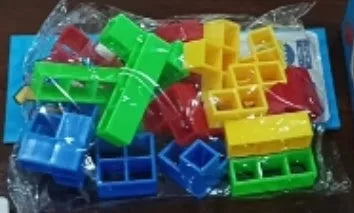 Plastic balance stacking game with 16 coloured blocks, chassis and base for family travel parties