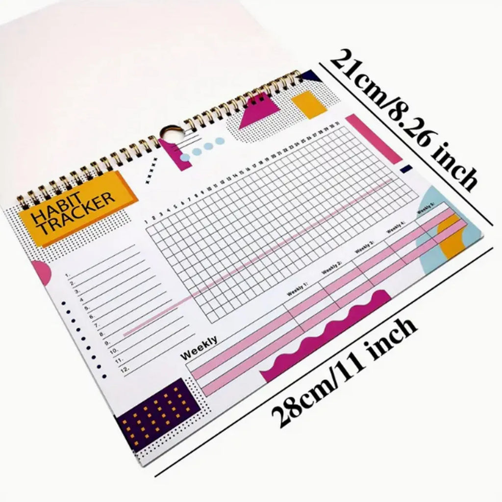 English habit tracking journal with 12 pages in 21cm by 28cm size, showing four colour options