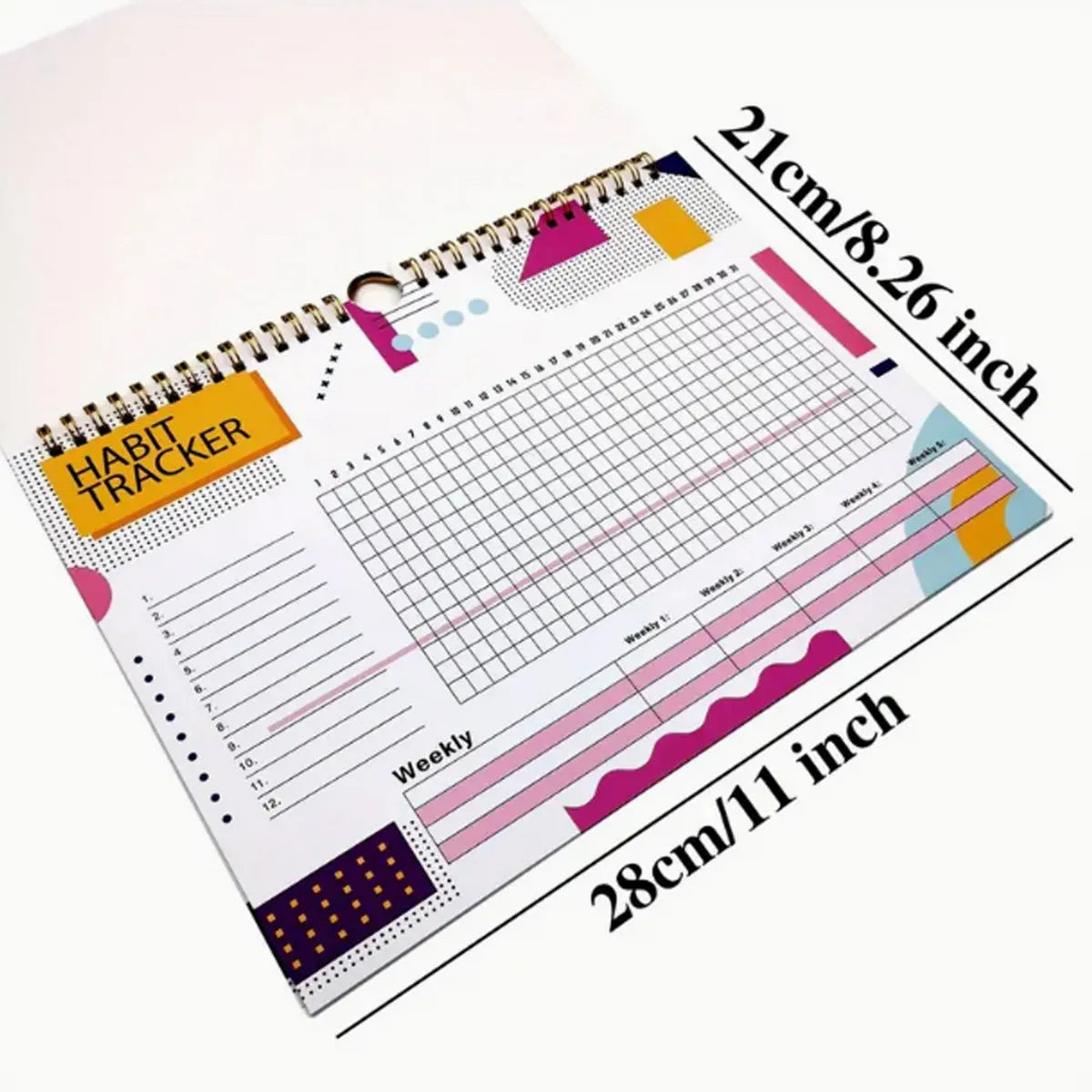English habit tracking journal with 12 pages in 21cm by 28cm size, showing four colour options