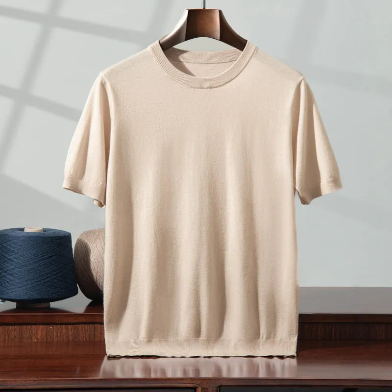 Men's knitted thin short sleeve round neck loose casual bottoming shirt in 8 colours, wool, sizes S-XXXL