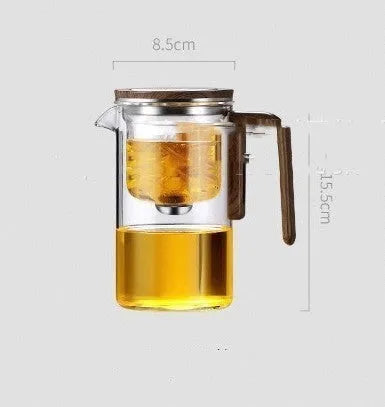 Glass teapot with magnetic water separation, walnut wood handle, borosilicate glass body, 500ml or 700ml capacity