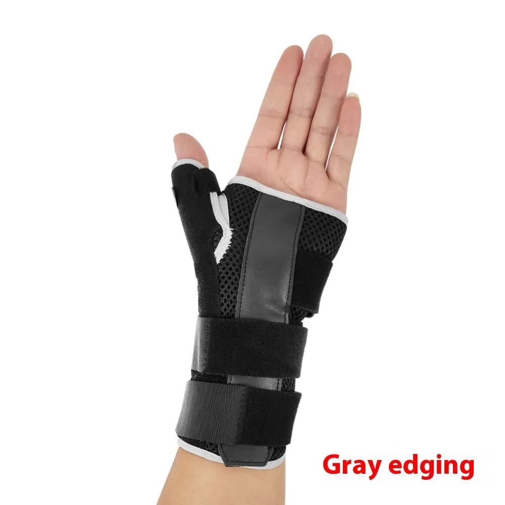 Black sports wrist guard with carbon fibre panel and adjustable thumb strap for weightlifting support