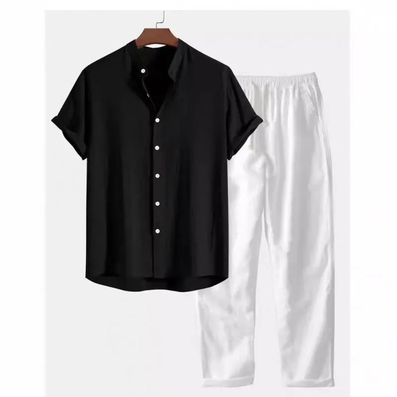 Men's casual loose-fit linen blend short sleeve shirt and trouser suit on a hanger.