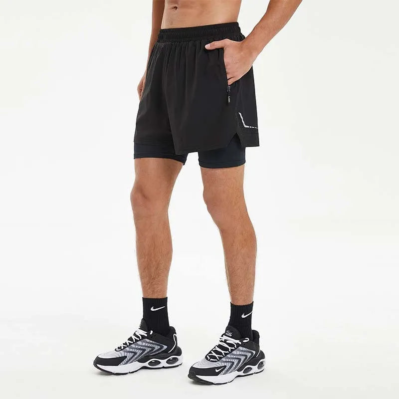 Men's double-layer sports shorts with liner, quick-dry fabric, available in black, dark gray, and light blue