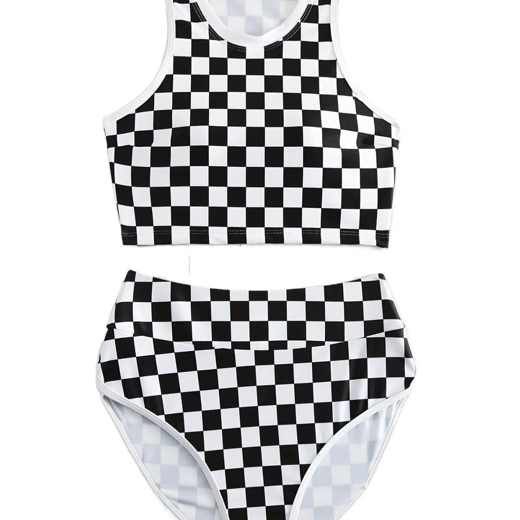Racing one-piece swimsuit with suspender and backless in chessboard plaid pattern for women