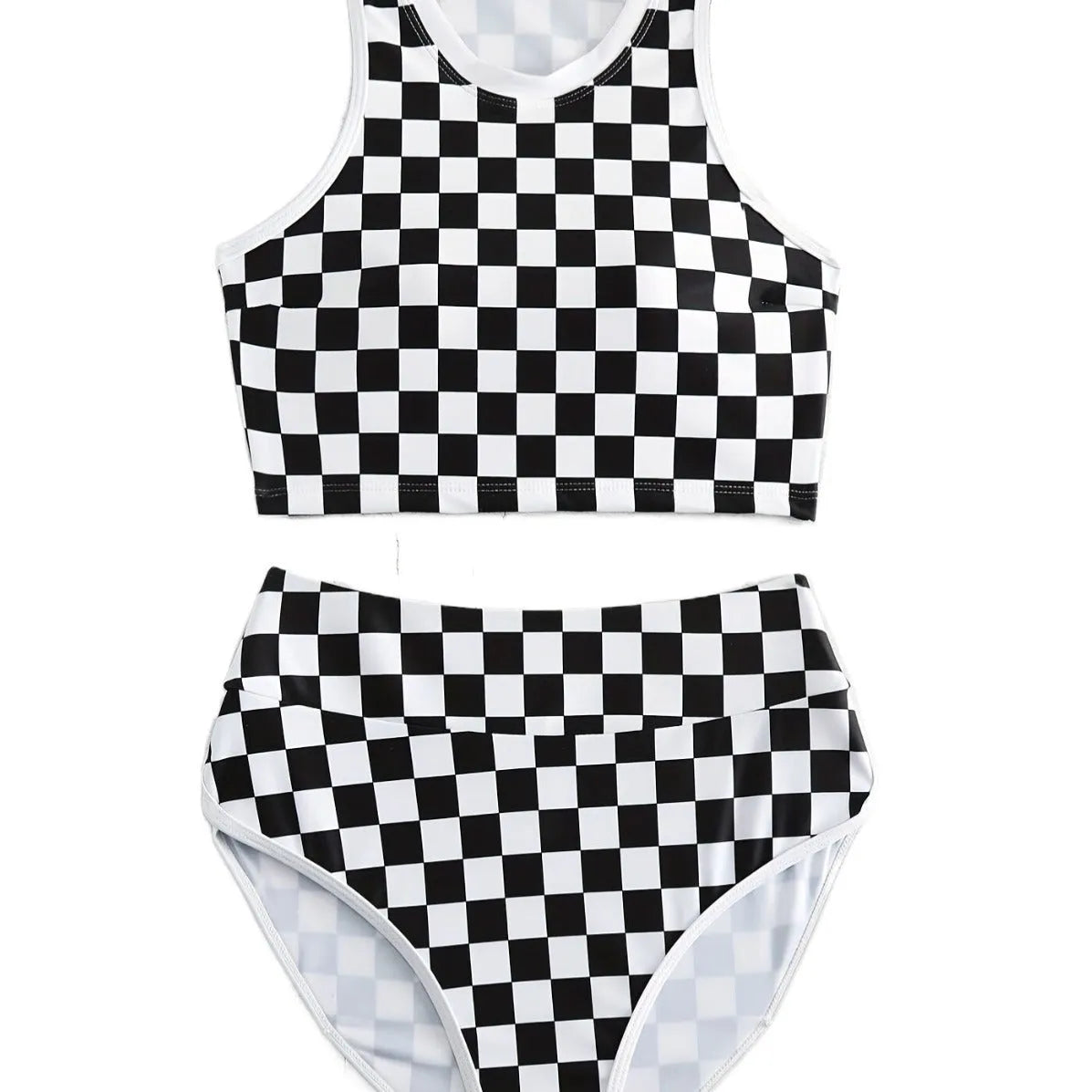 Racing one-piece swimsuit with suspender and backless in chessboard plaid pattern for women