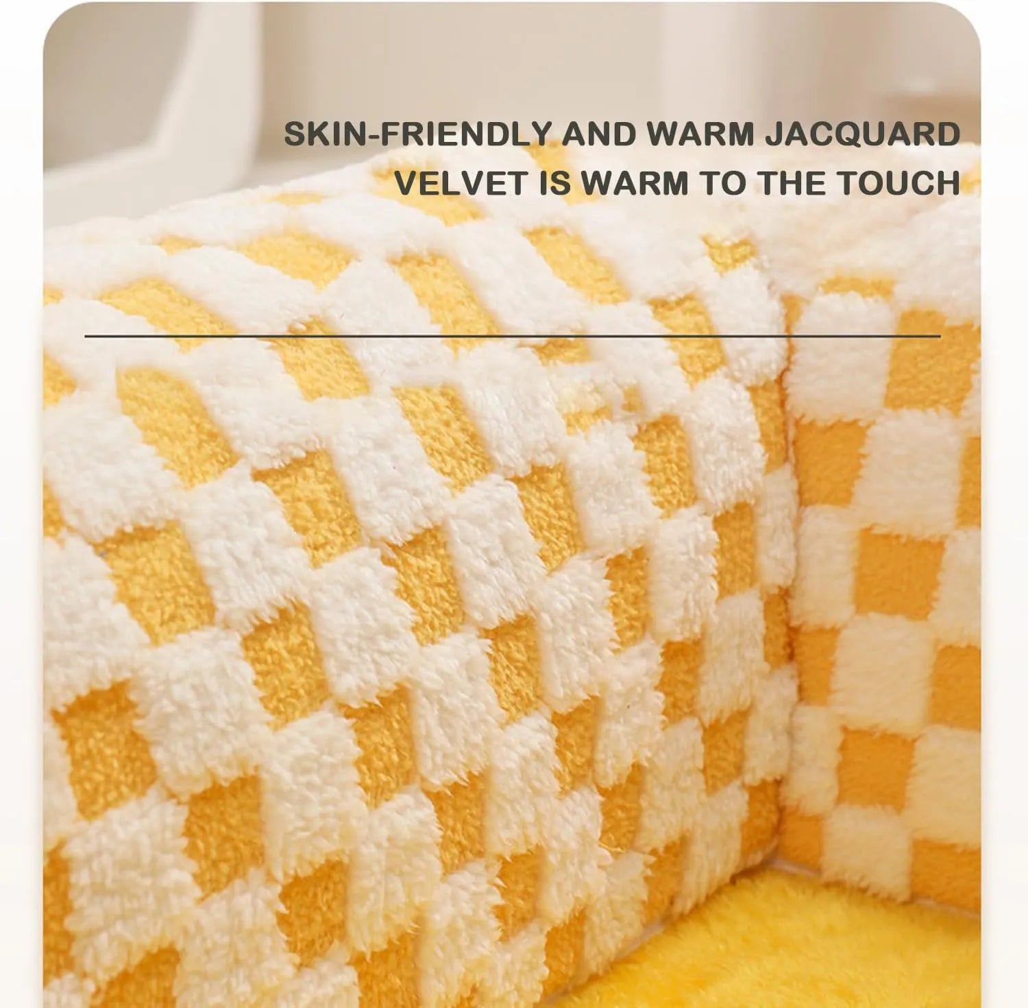 Coffee and yellow plaid fan-shaped pet bed tunnel with a thick plush mat and anti-slip base.
