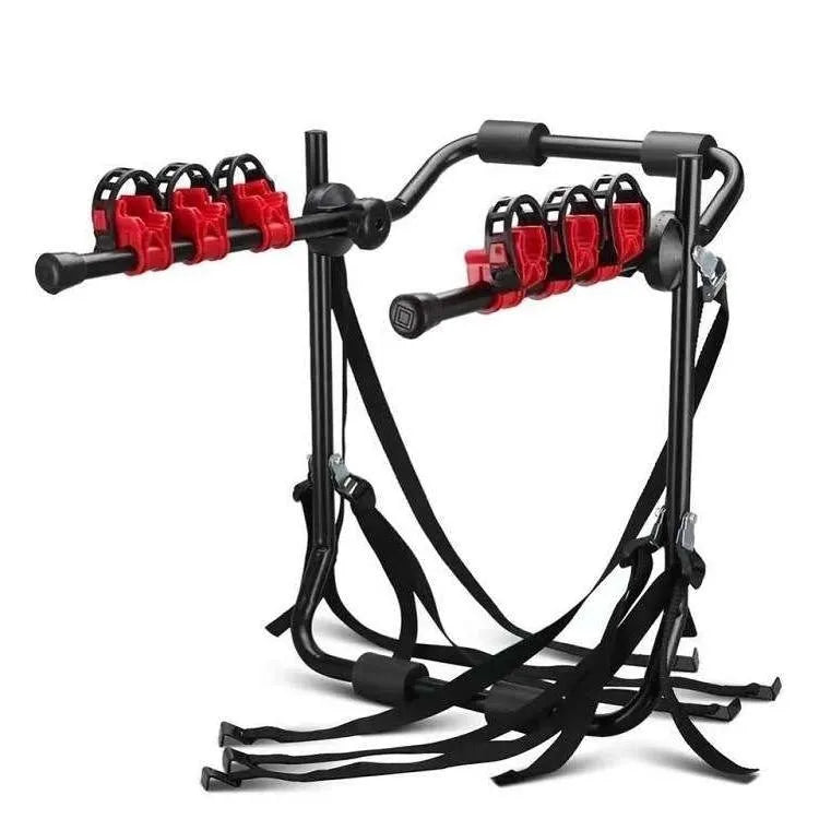Black and red iron frame car bike rack for trunk mounting, showing tie rope and pull belt fastening styles.