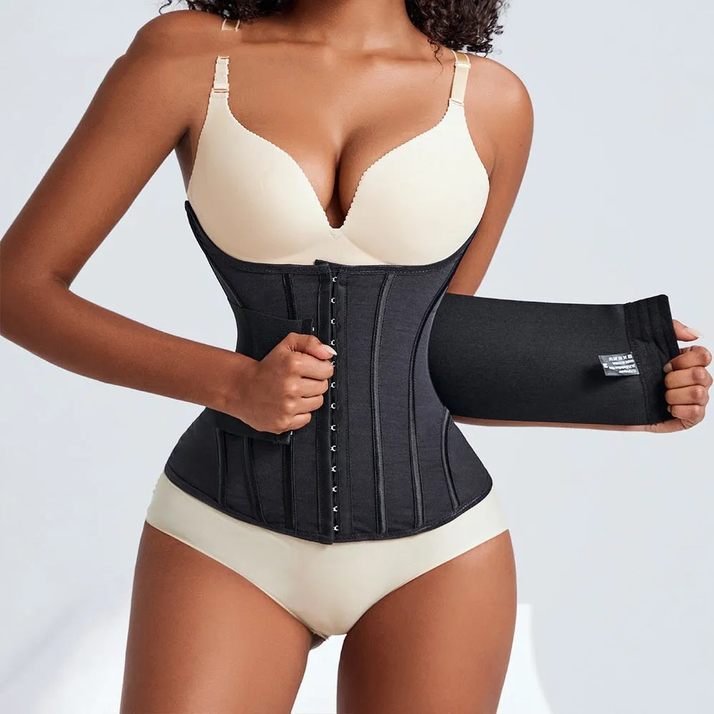 Nylon belly band waist trainer in black or apricot colour with belt tie closure
