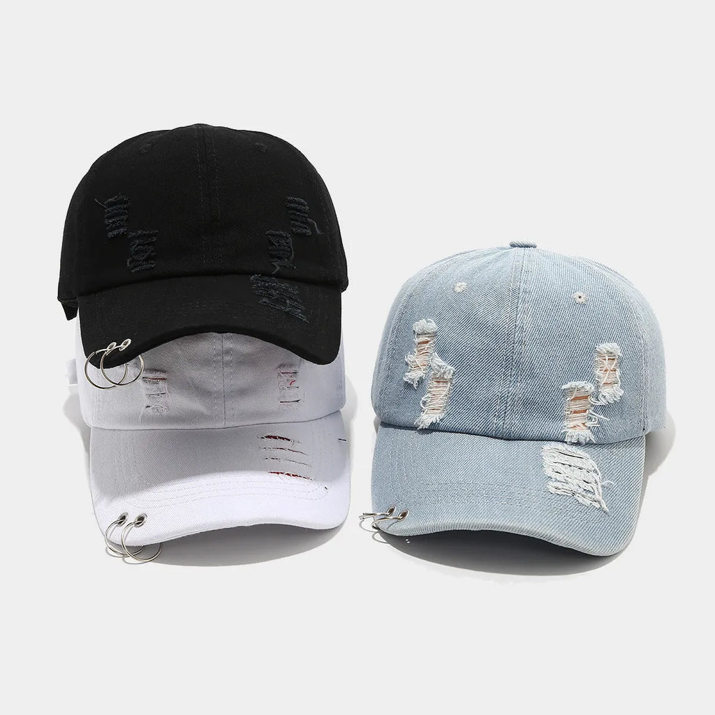 Men's denim peaked cap with dome crown and adjustable strap in black colour option