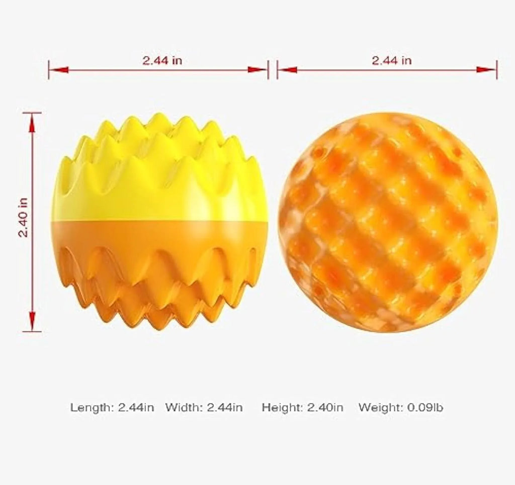 Blue and orange rubber dog ball with spiky texture for dental cleaning and squeaky sounds