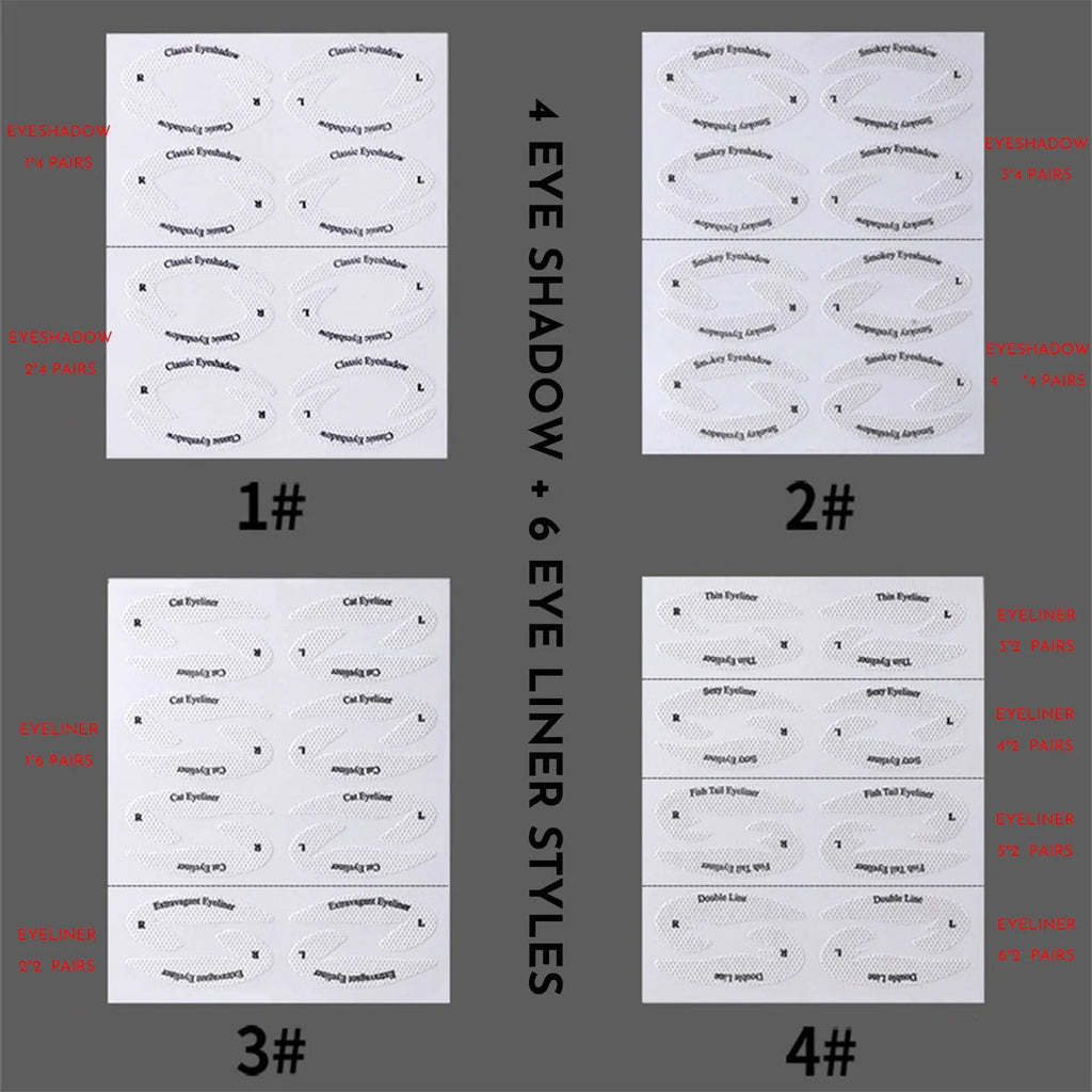 Set of four reusable flexible eyeliner and eyeshadow makeup stencil templates.
