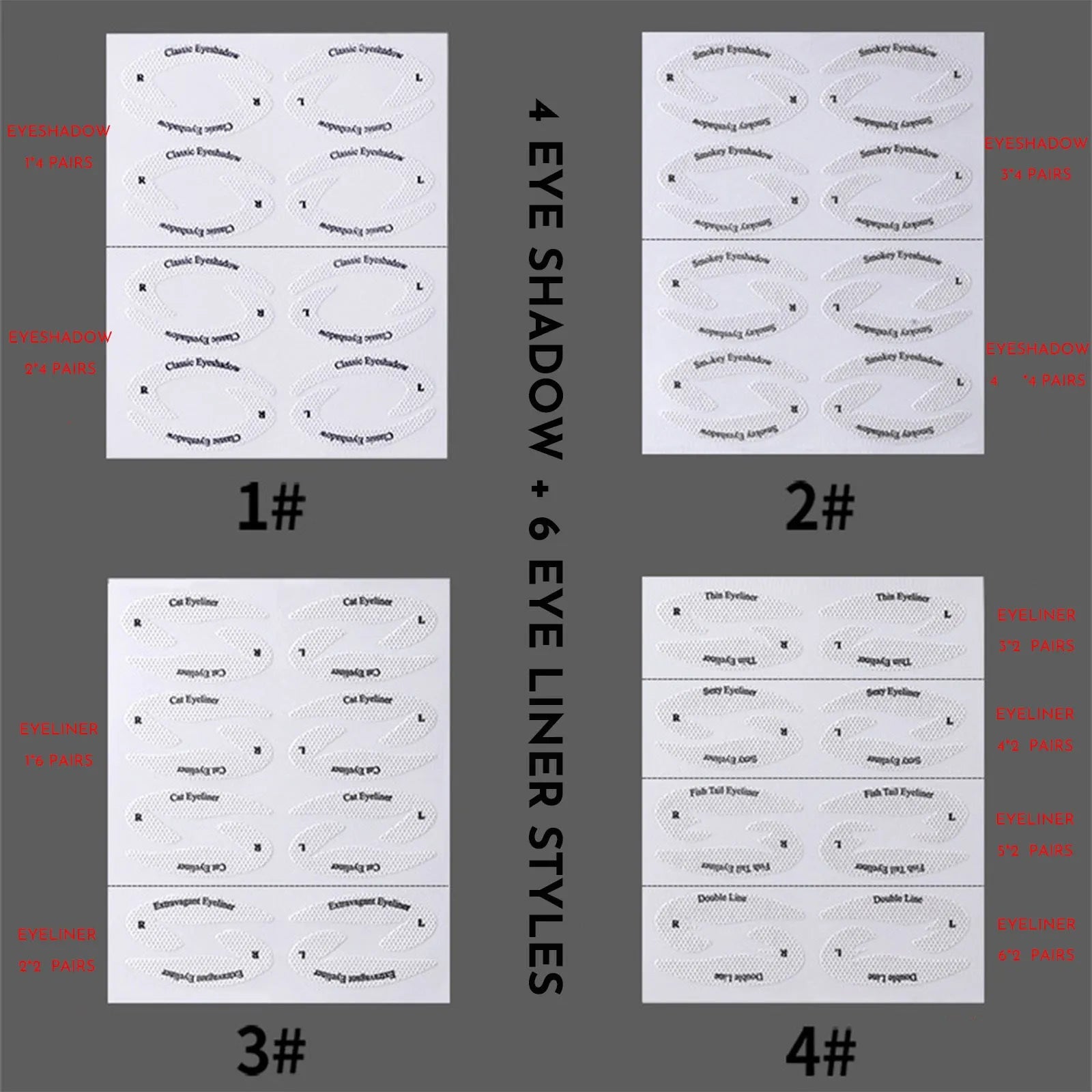 Set of four reusable flexible eyeliner and eyeshadow makeup stencil templates.
