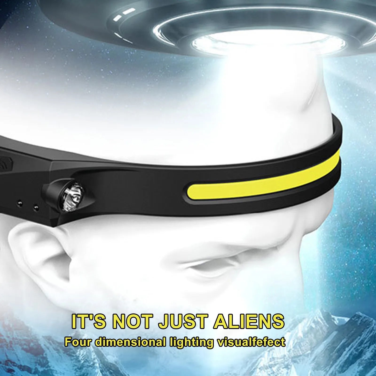 COB LED induction headlamp with USB rechargeable, 230-degree beam and 100m range side LED on a person wearing it outdoors