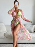 Colourful printed women's bikini swimsuit on a white background.
