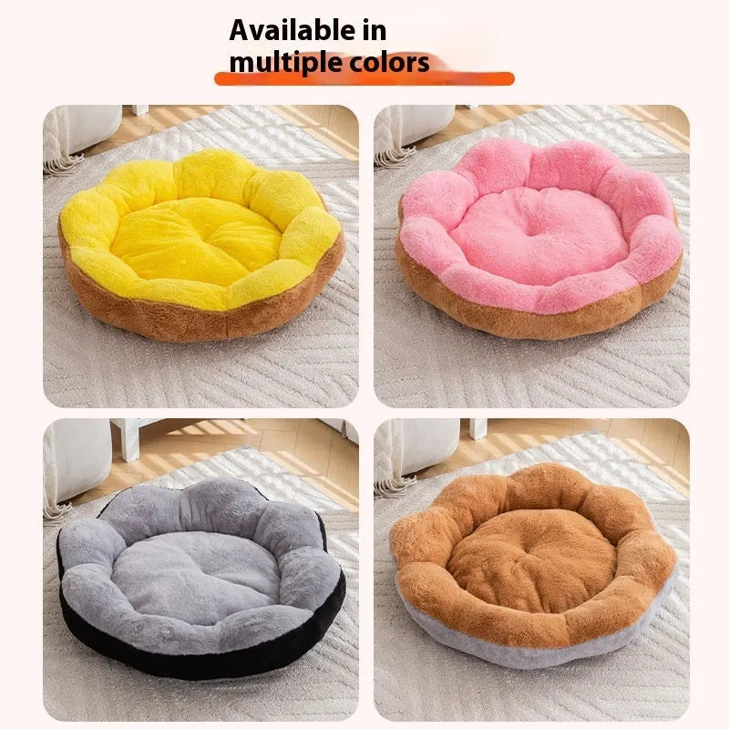 Round rabbit plush cat bed with detachable cover in yellow brown colour on grey background