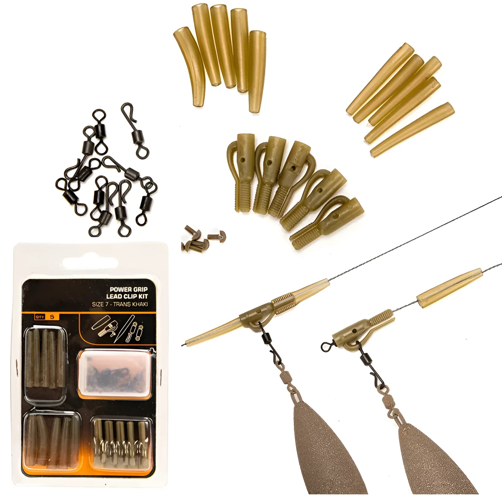 Tobly European carp fishing accessory set showing anti-winding tubes, threaded hoses, rotation fittings and screws
