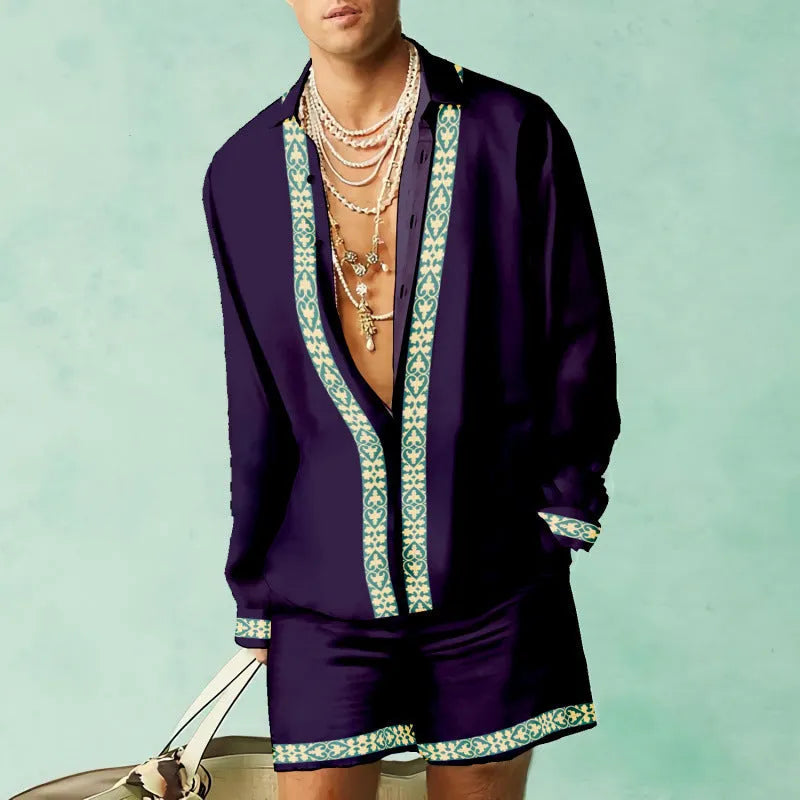 Men's slim-fit polyester summer shirt and shorts set in various colours