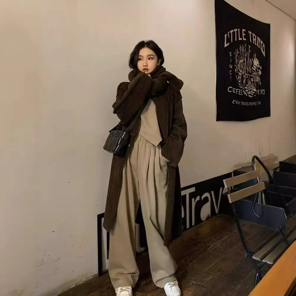 Women's casual sports suit set in khaki colour with loose fit top and trousers