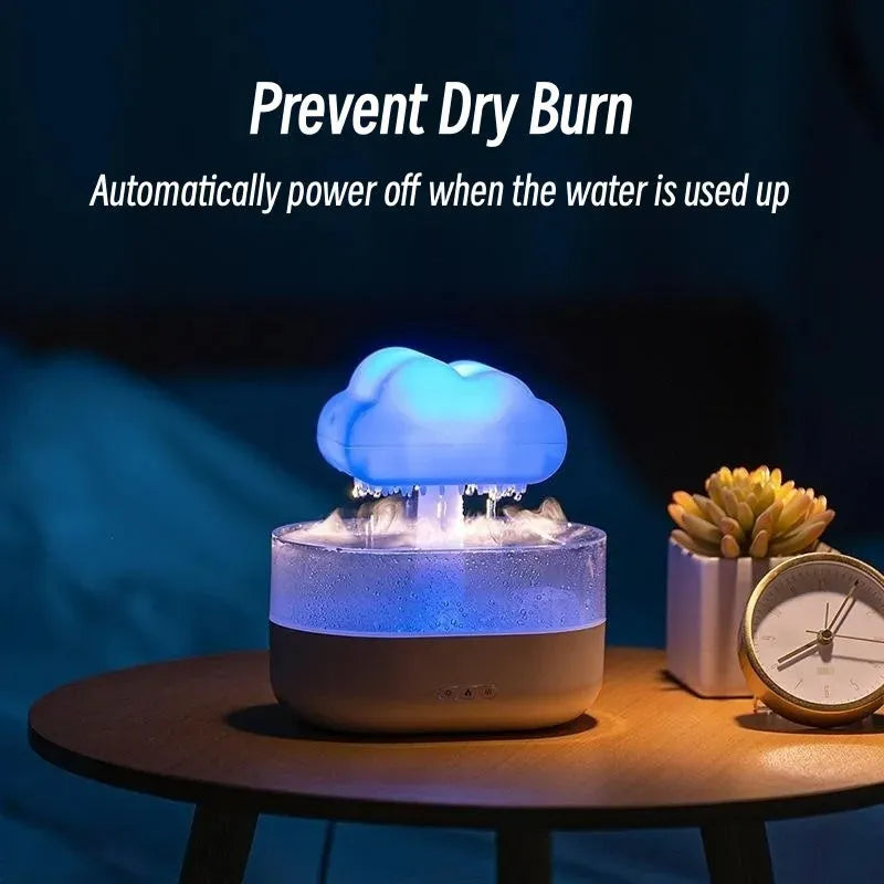 Rain cloud night light humidifier with 7 colour LED lights and raining water drop sound in white