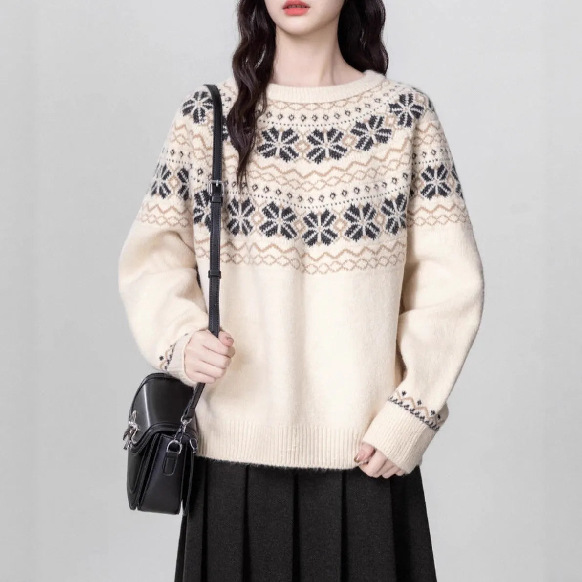 Women's milky white fair isle sweater with geometric pattern, crew neck, and long sleeves