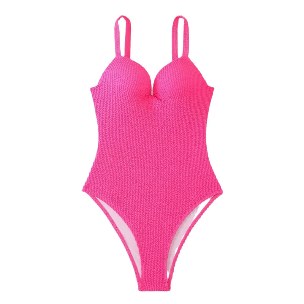 Women's black one-piece swimsuit with sunken stripe pattern and sleeveless design
