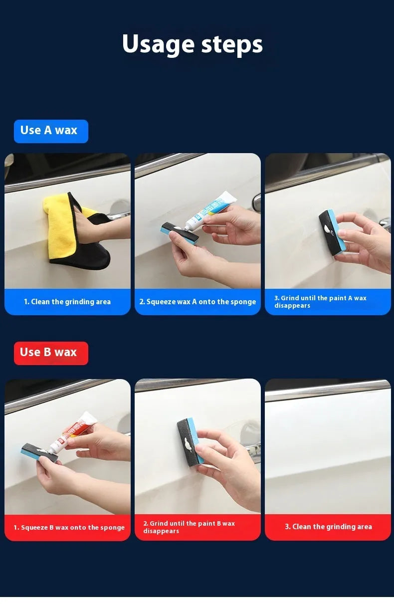 Car repair wax kit with scratch removal polish, brightening wax, and frosted sponge mop for vehicle paint correction