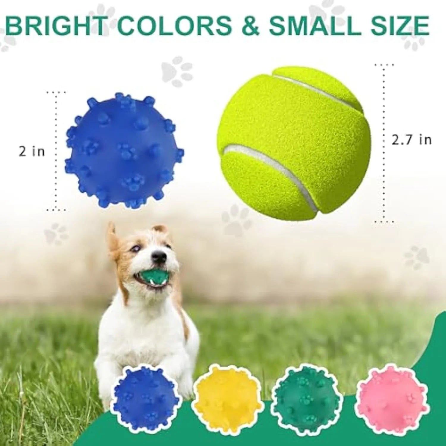 Bright colour spiked dog toy balls with paw print dimples measuring 2 inches for small breed dogs