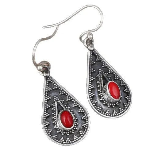 Silver water drop earrings with red pine gemstone centre on zinc alloy body