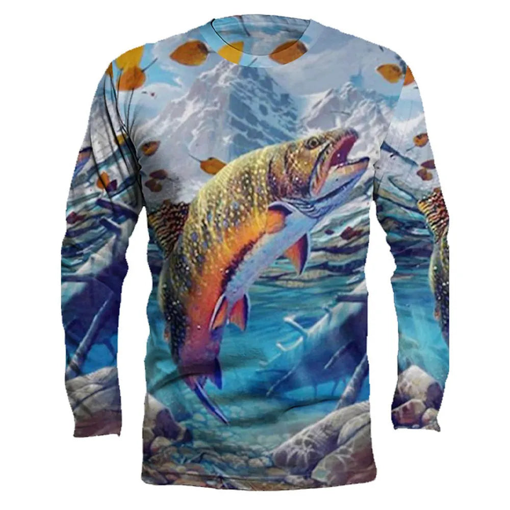 Men's round neck long sleeve pullover top with a fish print design in various colours.