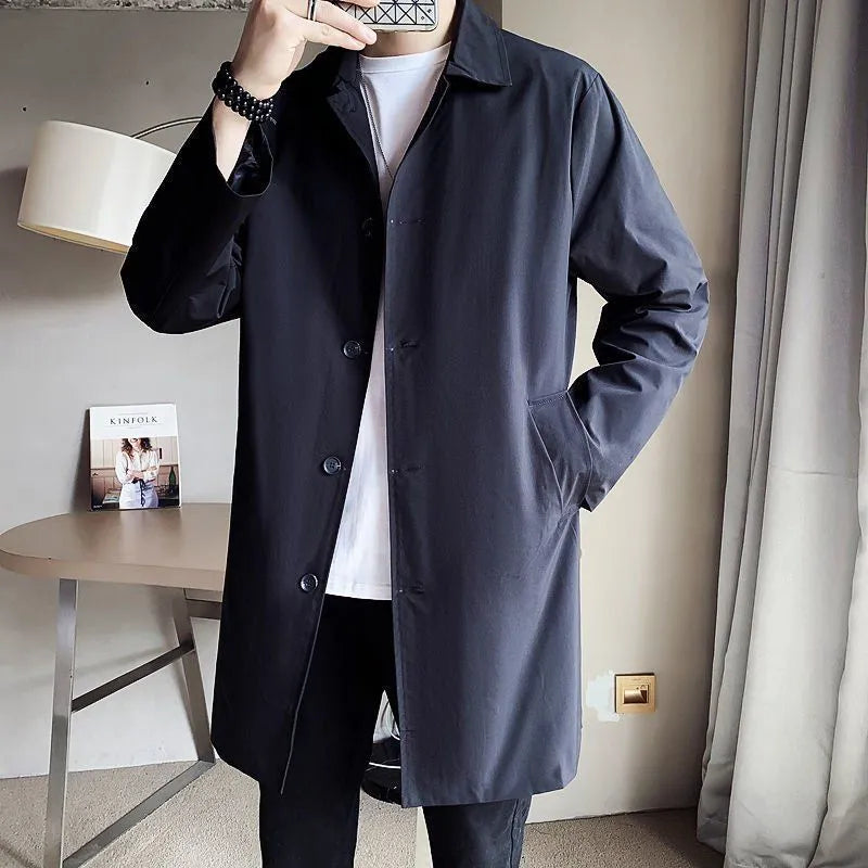 Men's mid-length loose rabbit fur trench coat in khaki, casual style