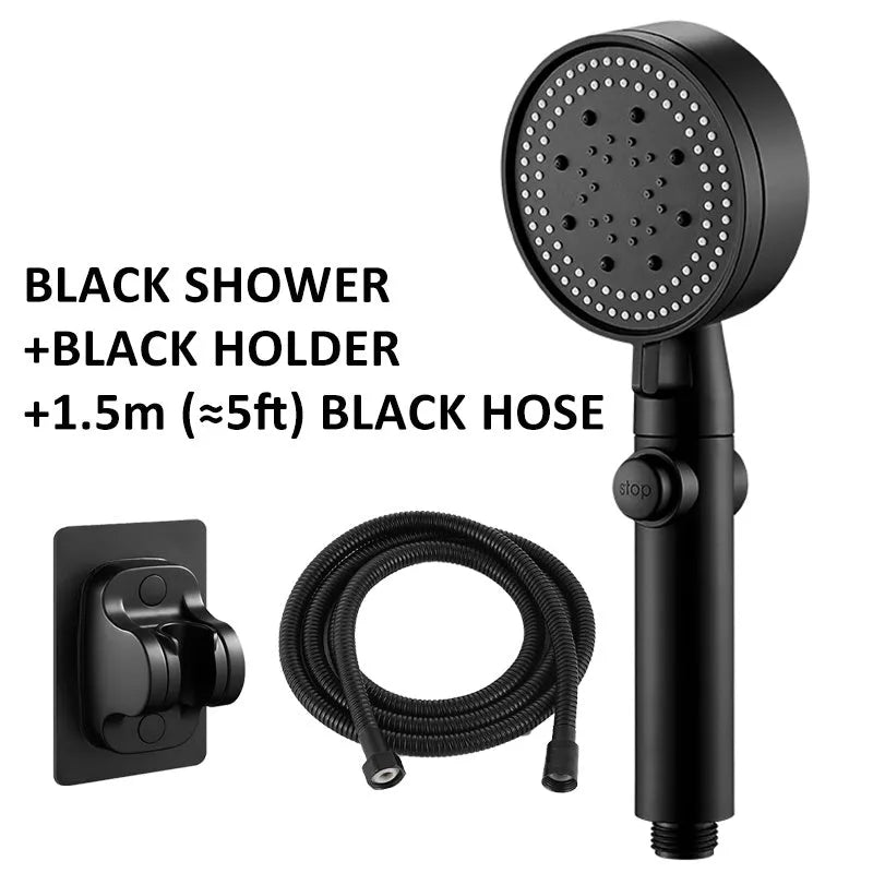 ABS pressurised 5-speed handheld shower head with large water output, 1.5m encrypted hose, in black finish