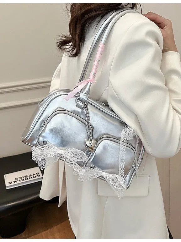 Women's beige horizontal square PU shoulder bag with double straps and internal phone compartment