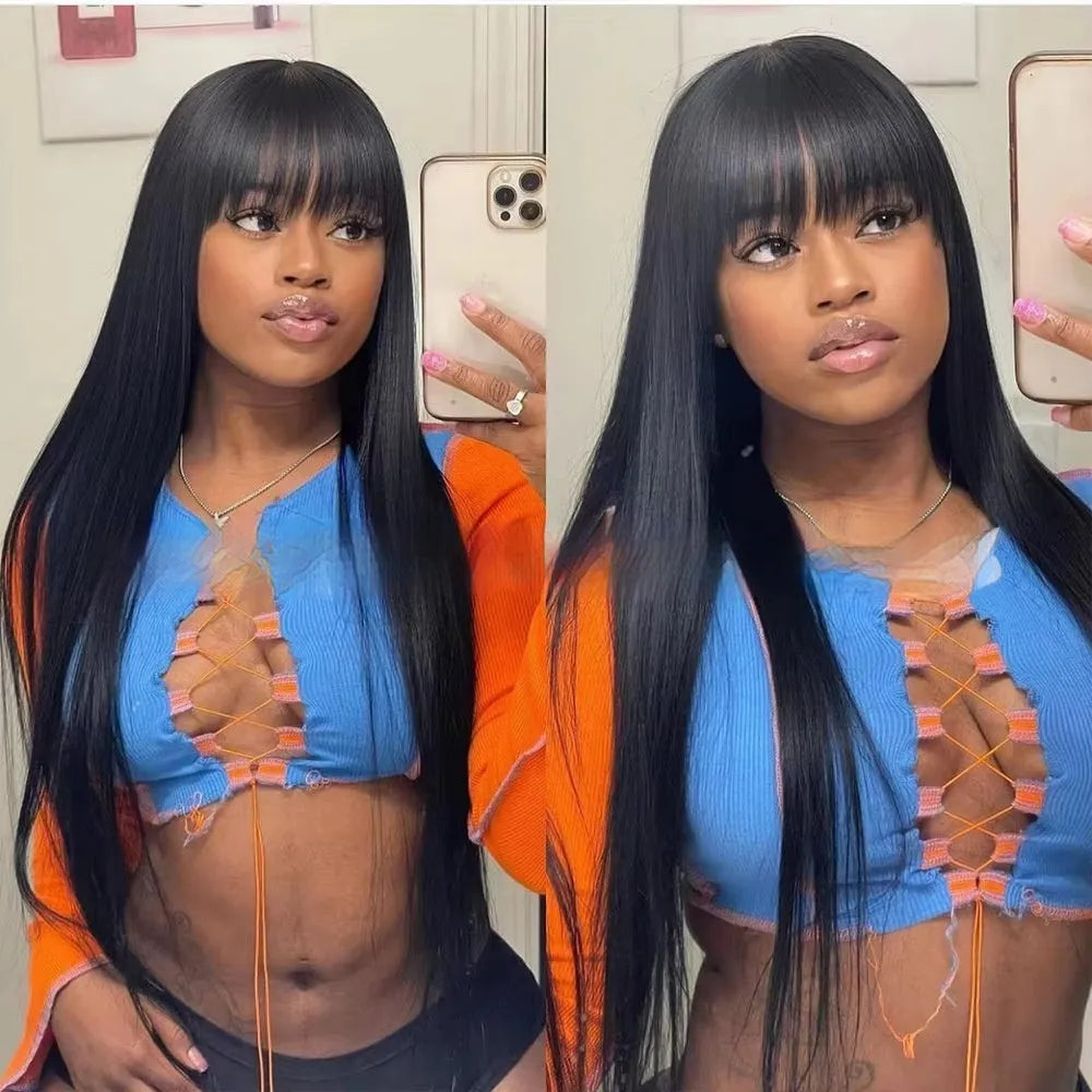 Natural colour human hair straight fringe wig without lace, full-mechanism headgear, available in 8 to 32 inch lengths