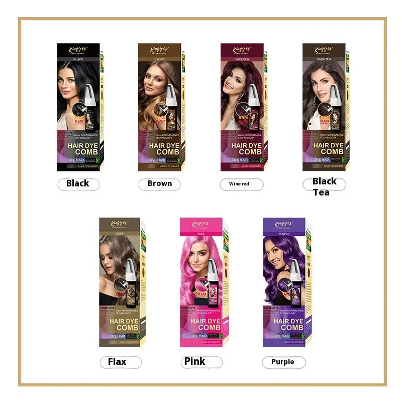 Hair dye comb applicator showing brown, dark brown, and wine red permanent colour options