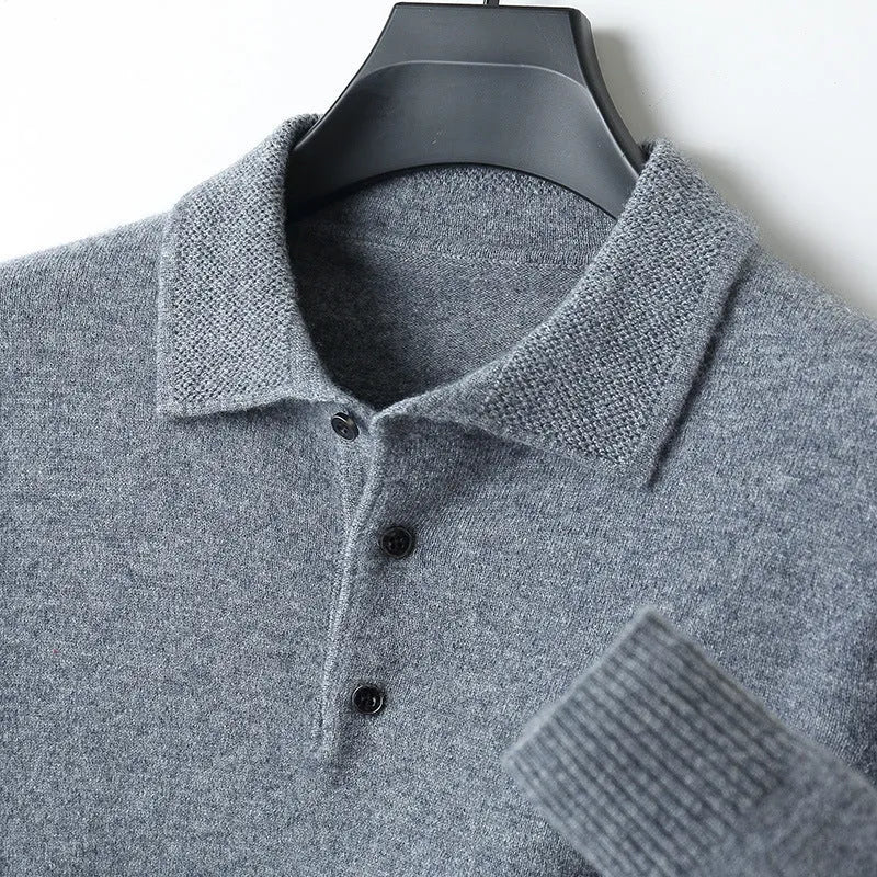 Men's grey wool pullover sweater with a polo collar laid flat